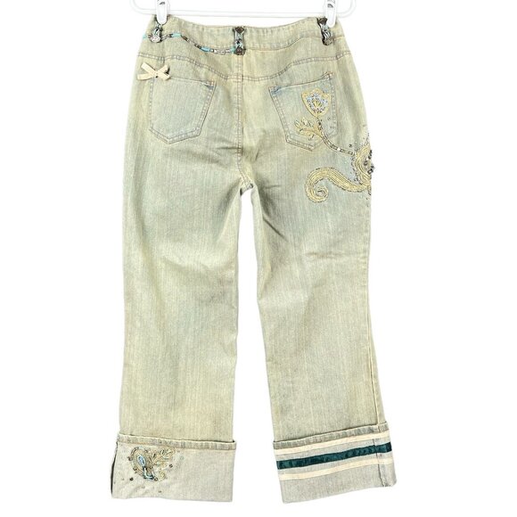 Chagall Women's Beaded Embellished Tan Crop Jeans Size 8 Cuffed Stretch Mid Rise - Picture 2 of 12